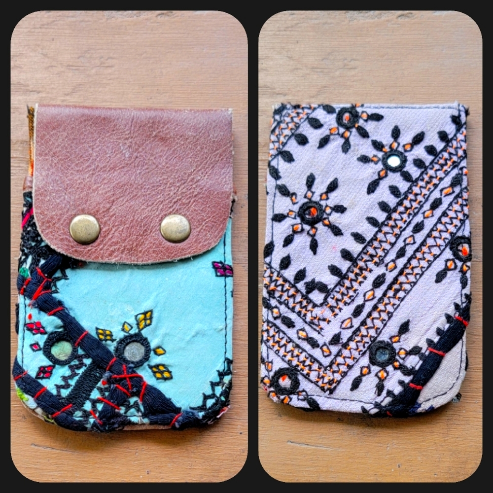 🧠🍳 Free People Boho Embroidered Repurposed vtg banjara hippie Wallet card case